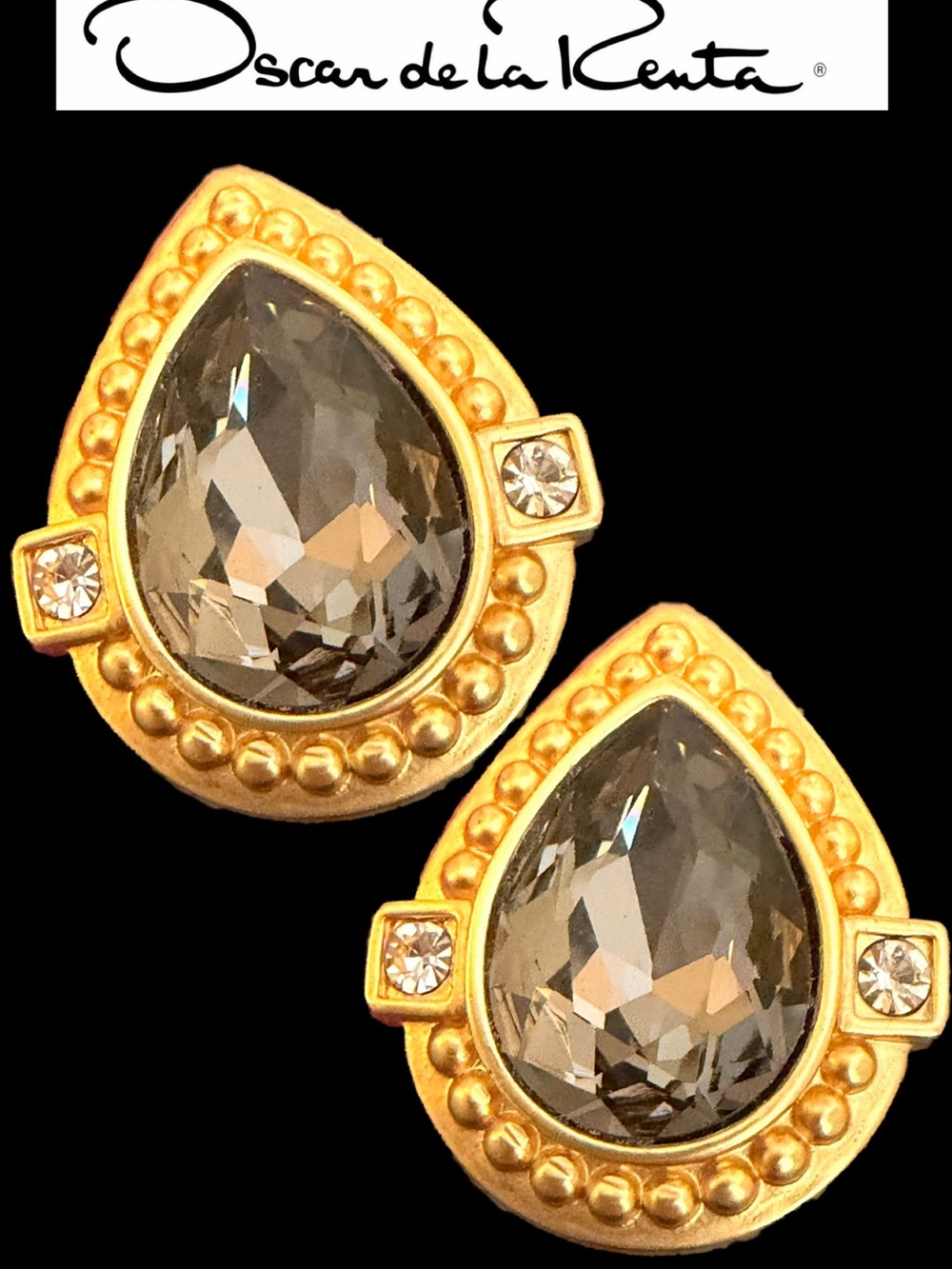 Oscar de la Renta Teardrop Earrings Gold w/Black Diamond Crystal✨ Pierced Post